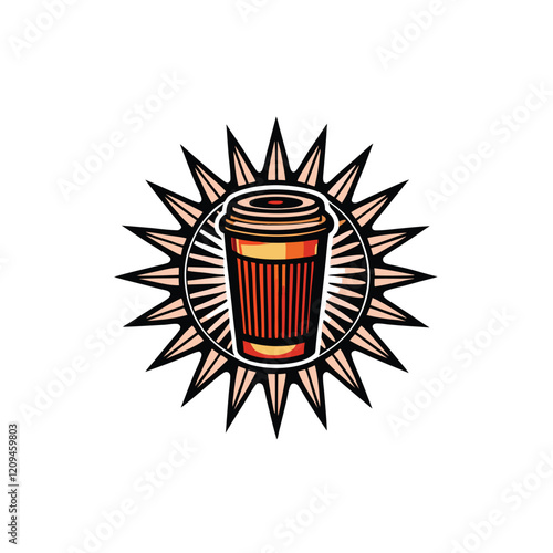 Design a retro-style coffee cup logo with a sunburst effect emanating from the cup. The logo should have a vintage aesthetic, with bold colors and a dynamic design.