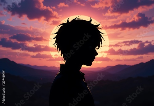 Anime Boy Silhouette Sunset Landscape Peaceful Mountains Background