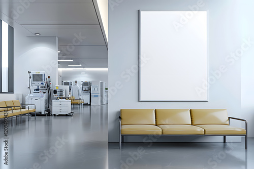 empty white poster mockup on a wall in a modern hospital waiting room, sleek design, bright lighting, minimalistic furniture, medical equipment in the background, clean lines. Generative Ai.