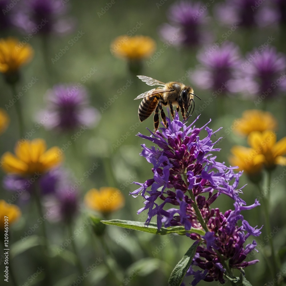 A close-up of a bee mid-flight toward a vibrant purple flower.