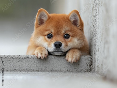 Adorable Dog Hiding Behind Wall photo