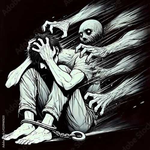 Struggle with inner demons in a dark, artistic representation of pain. Generative AI