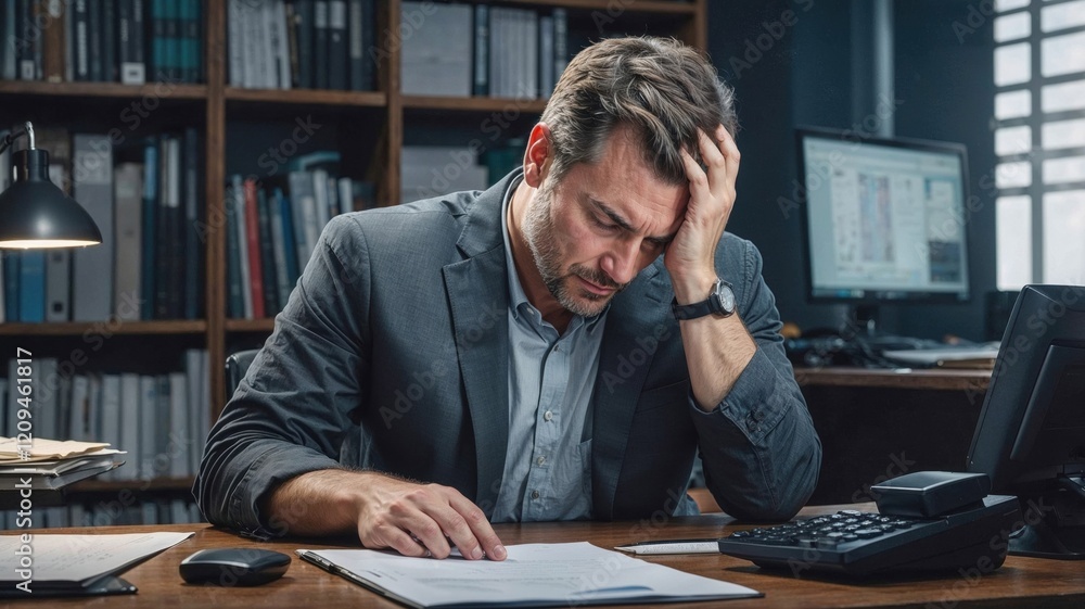 stressed man in a business suit holds his head in frustration at his desk, surrounded by paperwork and a cluttered workspace. The pressure of work is visible on his face as he struggles stressed man in a business suit holds his head in frustration at his desk, surrounded by paperwork and a cluttered workspace. The pressure of work is visible on his face as he struggles