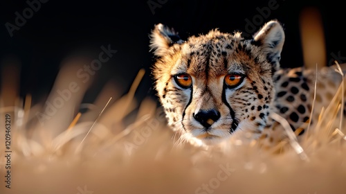 Cheetah stalking in savanna grass, sunset. Wildlife photography for nature documentaries photo