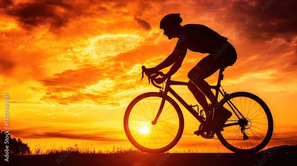 Obraz premium Silhouette of a cyclist riding on a mountain trail at sunset, with dramatic lighting in the background