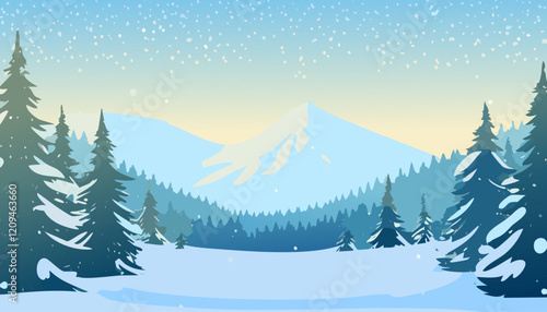 Winter landscape with snow covered fir trees and mountains. Vector illustration.