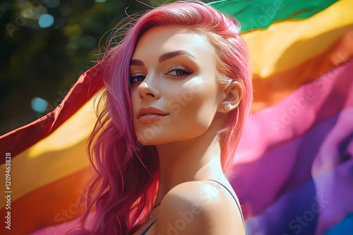 Beautiful lesbian model with pink hair and a rainbow flag at gay pride, pride month, coming out day, lgbt history month, Find a Rainbow Day photo