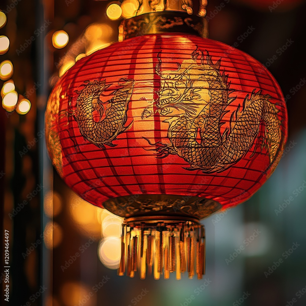 Obraz premium Elegant Red Lantern with Dragon Design Glowing in Dim Light