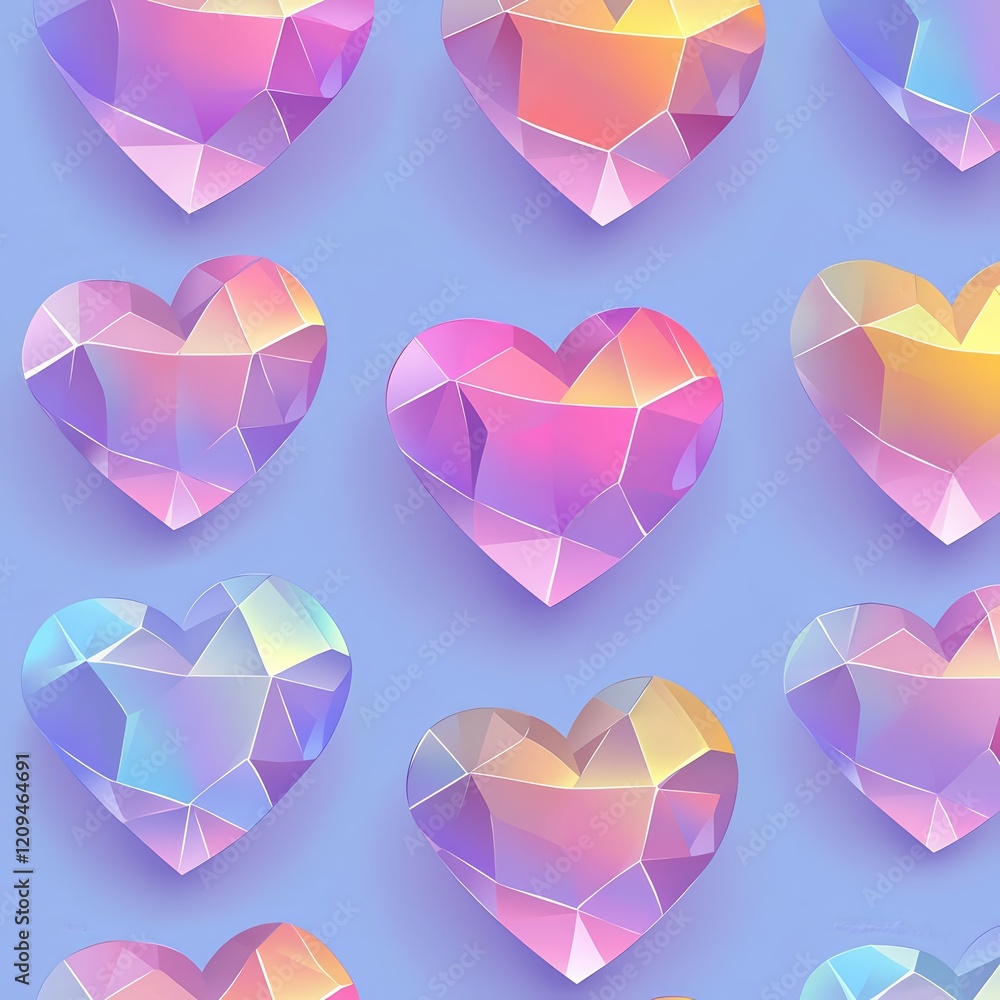 Iridescent Crystal Hearts: A captivating seamless pattern of iridescent crystal hearts, each facet shimmering with a spectrum of pastel colors. Perfect for romantic designs, Valentine's Day projects. Iridescent Crystal Hearts: A captivating seamless pattern of iridescent crystal hearts, each facet shimmering with a spectrum of pastel colors. Perfect for romantic designs, Valentine's Day projects.