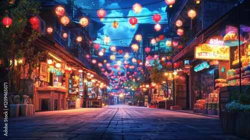 Wallpaper Mural Vibrant street scene illuminated by colorful lanterns at night, capturing cultural charm. Torontodigital.ca