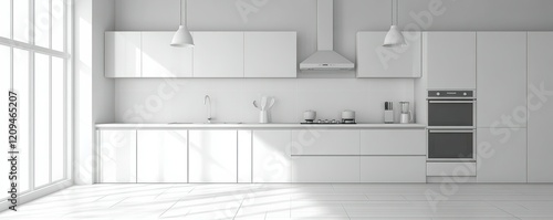 modern kitchen interior, minimalist design, white cabinets and appliances, bright lighting, spacious atmosphere, sleek surfaces, contemporary decor, organized space