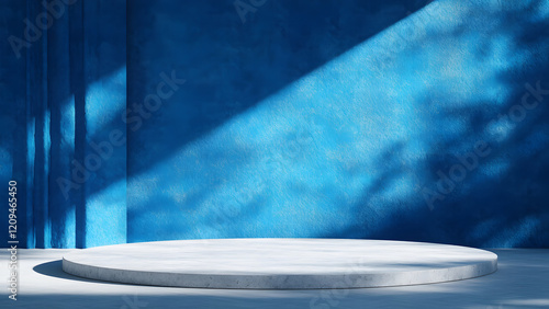 Panoramic blue abstract background for product presentation with sunlight and blurred shadows on the wall
