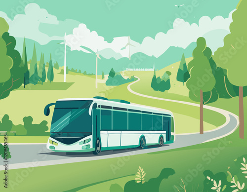 Bus on the road in the city. Vector illustration of a modern city.