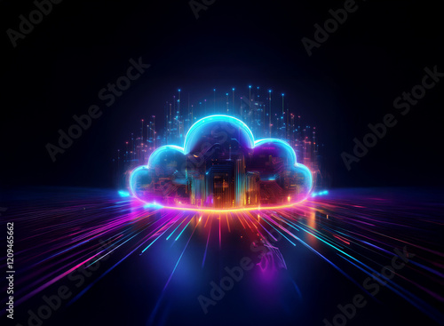 A vibrant, glowing cloud symbol, rendered in neon blue and orange, sits on a dark surface.  Streaks of light emanate from its base, suggesting data flow and connectivity. The cloud's interior hints at