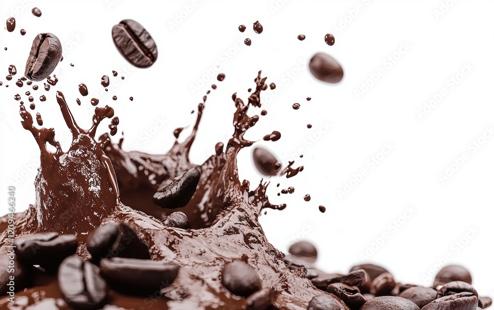 Rich espresso splash with coffee beans flying around, dynamic motion on pure white background Rich espresso splash with coffee beans flying around, dynamic motion on pure white background
