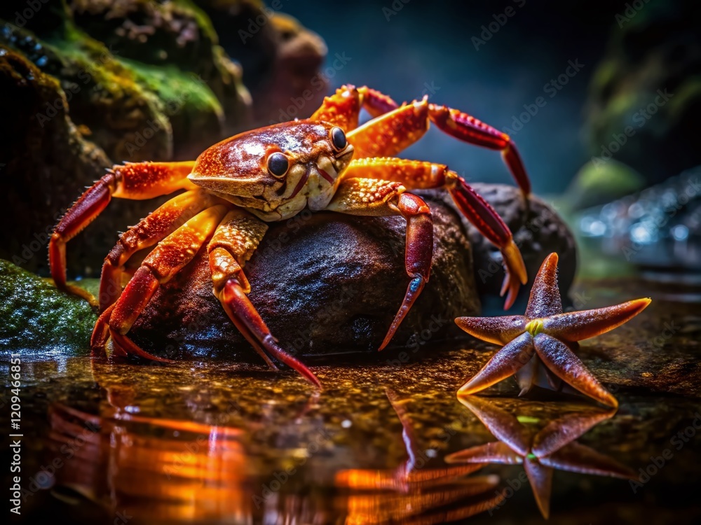 Low Light Coastal Scene: Crab and Starfish on Rocky Shore Low Light Coastal Scene: Crab and Starfish on Rocky Shore
