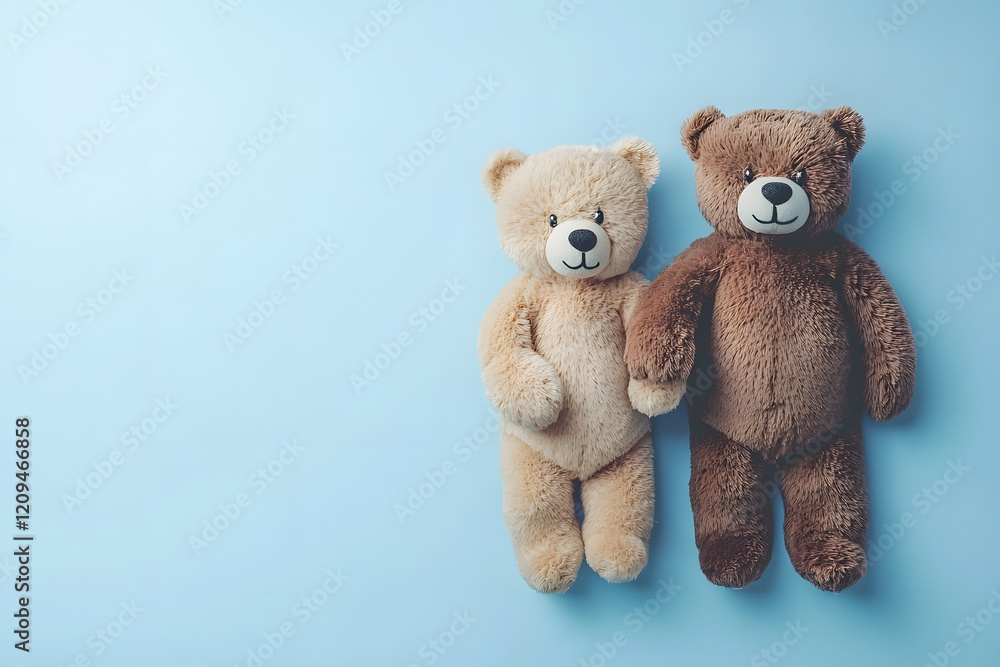 Obraz premium Two adorable teddy bears holding hands on light blue background, symbolizing friendship and love. Their soft fur and cheerful expressions evoke warmth and comfort