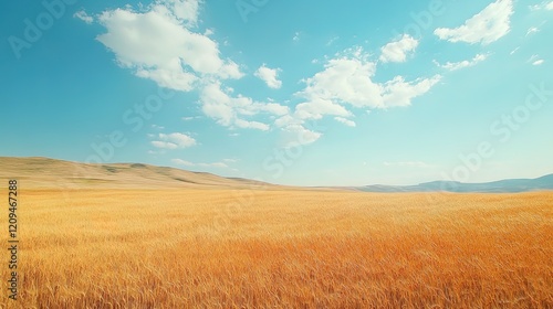 Golden wheat field under a bright blue sky, natural and idyllic landscape 