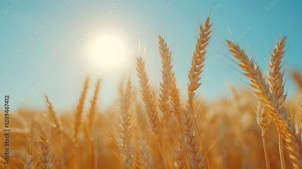 Golden wheat field under a bright blue sky, natural and idyllic landscape Golden wheat field under a bright blue sky, natural and idyllic landscape