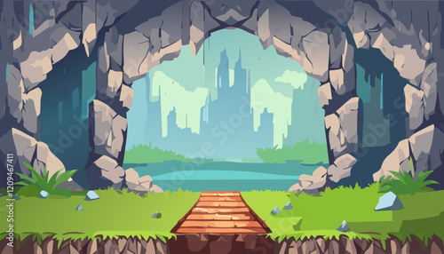 Cartoon cave with wooden bridge and river. Vector illustration in flat style