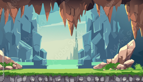 cartoon cave background with separated layers for game and animation game design asset