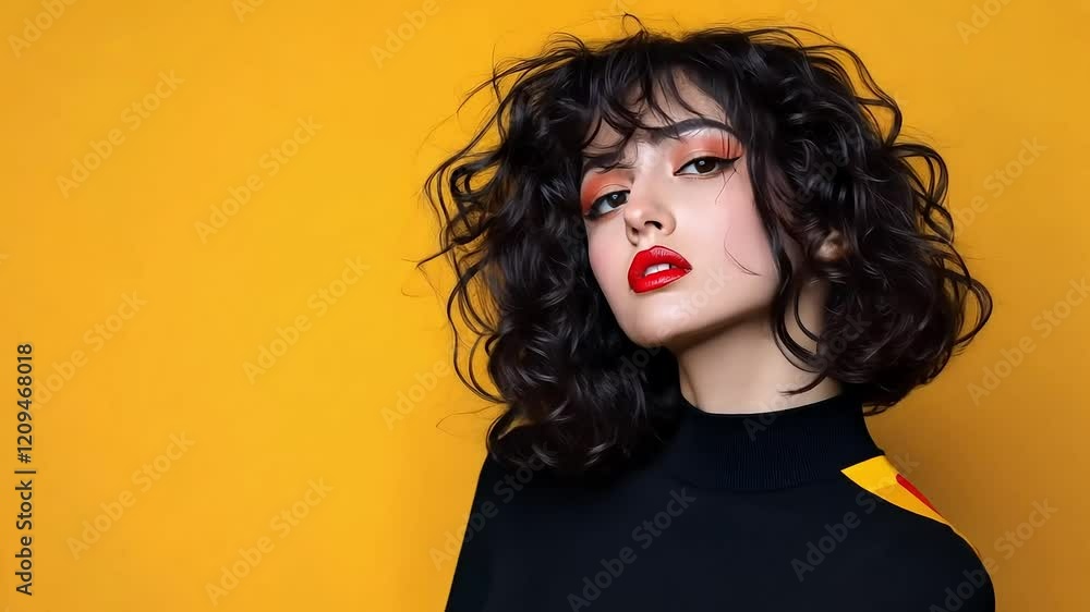 Professional model posing confidently, sporting voluminous curls and bold red lips during studio photoshoot with vivid yellow background