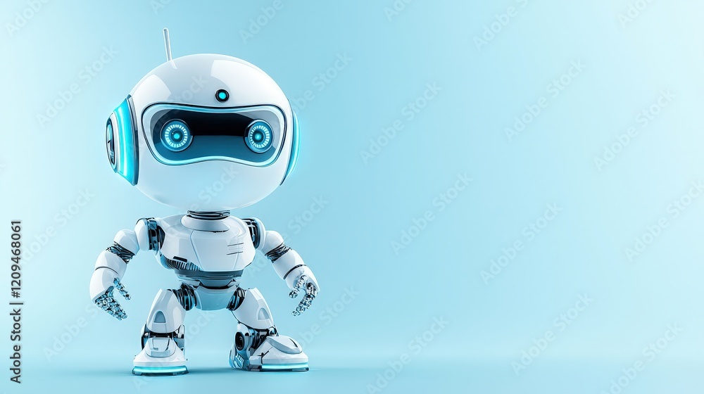Cute Robot Character with Blue Highlights on Background Cute Robot Character with Blue Highlights on Background