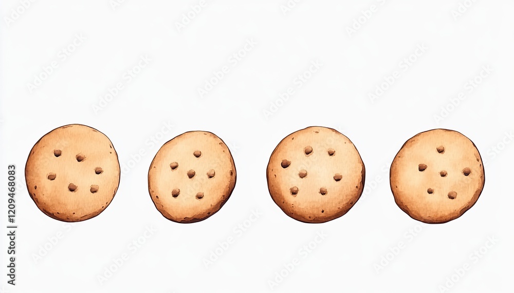 Four freshly baked cookies arranged in a row on a white background, ideal for food-related content