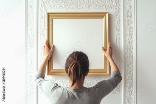 The housekeeper is attaching empty picture frames to the walls in the house
