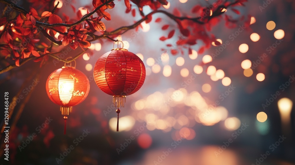 Red Chinese lanterns hanging on the street with a blurred background of flowers and trees, vibrant colors, a festive atmosphere for the Chinese New Year celebration. Red Chinese lanterns hanging on the street with a blurred background of flowers and trees, vibrant colors, a festive atmosphere for the Chinese New Year celebration.