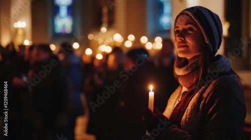 Young woman holding a candle on Candlemas Day during a church service photo