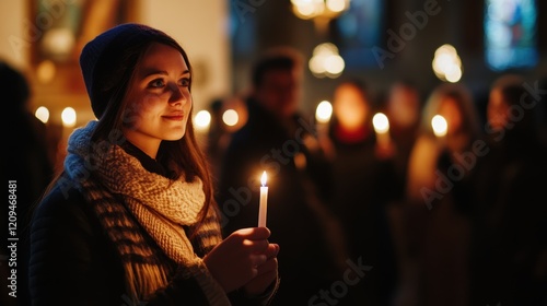 Young woman holding a candle on Candlemas Day during a church service photo