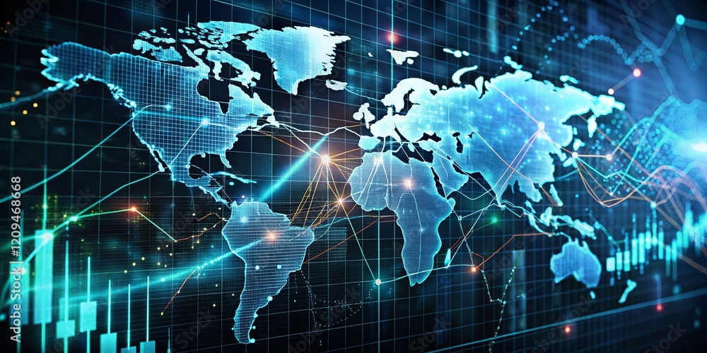 Low Light Global Finance: Futuristic Digital World Map Showing Economic Data & Stock Market Trends Low Light Global Finance: Futuristic Digital World Map Showing Economic Data & Stock Market Trends