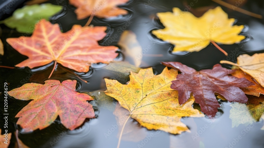 Autumn leaves pond reflection. Generative AI Autumn leaves pond reflection. Generative AI