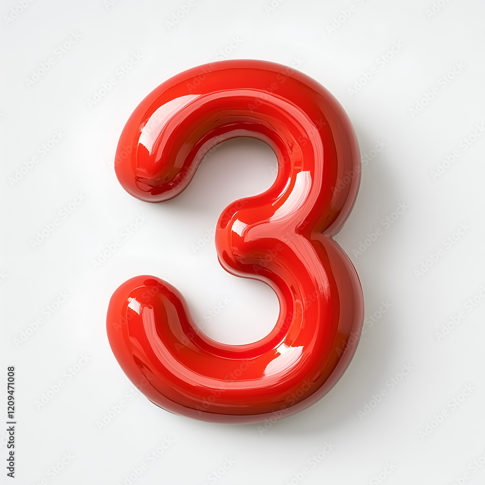 A glossy, red number three with a playful design, set against a neutral background, emphasizing its vibrant color and distinct shape. A glossy, red number three with a playful design, set against a neutral background, emphasizing its vibrant color and distinct shape.