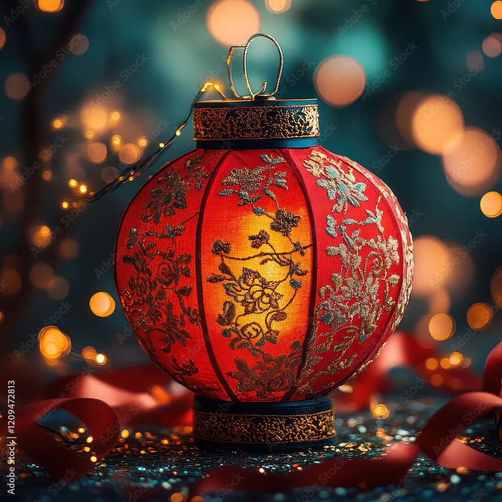 Elegant Red Lantern with Floral Design and Soft Glowing Light Elegant Red Lantern with Floral Design and Soft Glowing Light