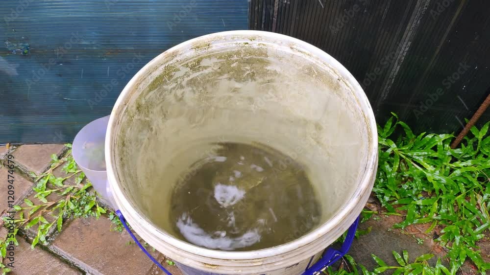Plastic bucket filled with rainwater, collecting rainwater, raindrops. Plastic bucket filled with rainwater, collecting rainwater, raindrops.