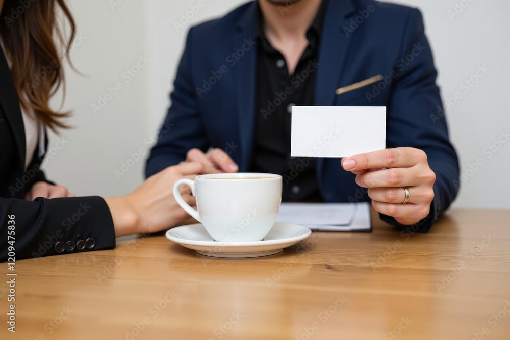 Professional Business Meeting: A Man in a Suit Holding a Blank Card While a Woman Reaches out to a Cup of Coffee on a Wooden Table Professional Business Meeting: A Man in a Suit Holding a Blank Card While a Woman Reaches out to a Cup of Coffee on a Wooden Table