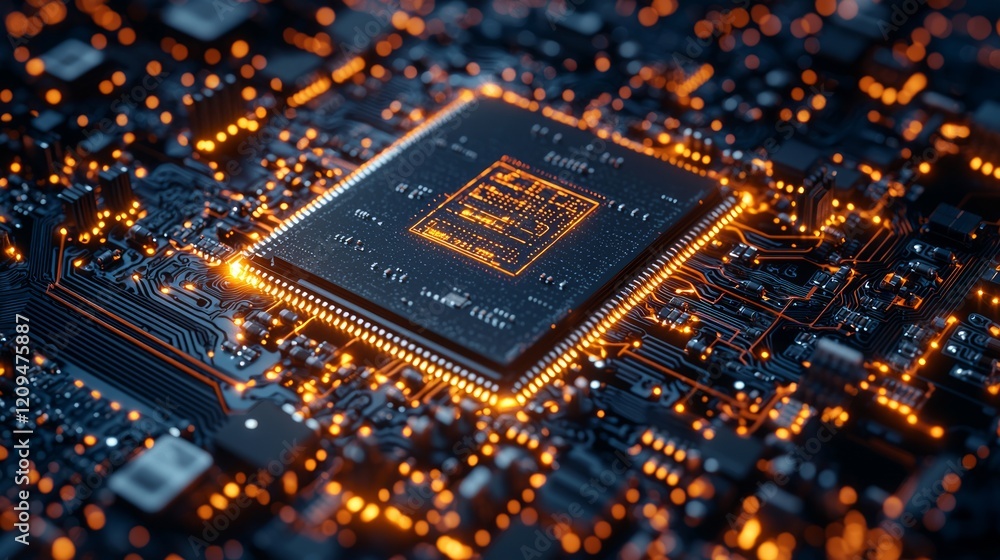 Close-up glowing CPU circuit board; technology innovation Close-up glowing CPU circuit board; technology innovation