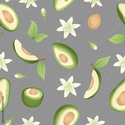 Seamless pattern with hand drawn green  avocado halves. Fresh organic vegetable, healthy, vegan, raw food.