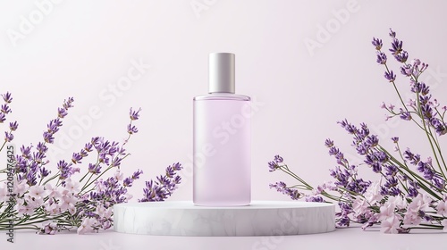 Elegant lavender-scented bottle on marble, surrounded by fresh lavender sprigs, exuding a calming and luxurious aura.