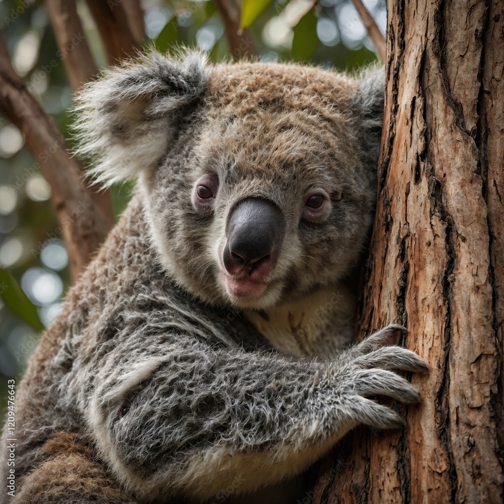 Obraz premium Curious koala peeking out from tree trunk.Adorable Koala Bear Clinging to Tree Trunk in Natural Habitat, Looking Directly at Camera with Wide Eyes, Symbolizing Australian Wildlife and Conservation 