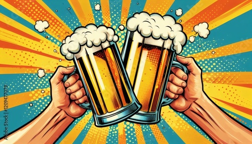 beer mug hands holding cheers pub bar happy hour drink social pop art illustration retro beverage