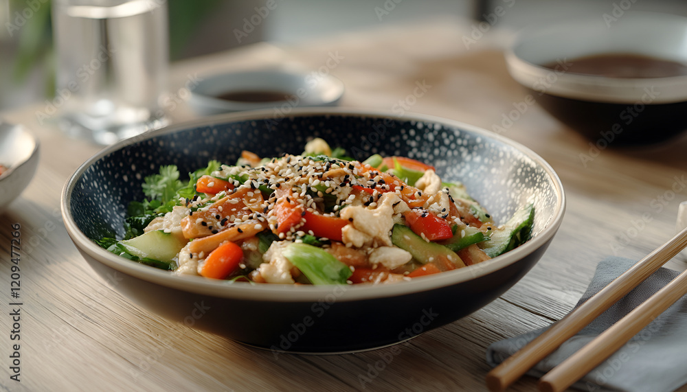 Tasty vegetable salad with soy sauce served on wooden table, closeup Tasty vegetable salad with soy sauce served on wooden table, closeup