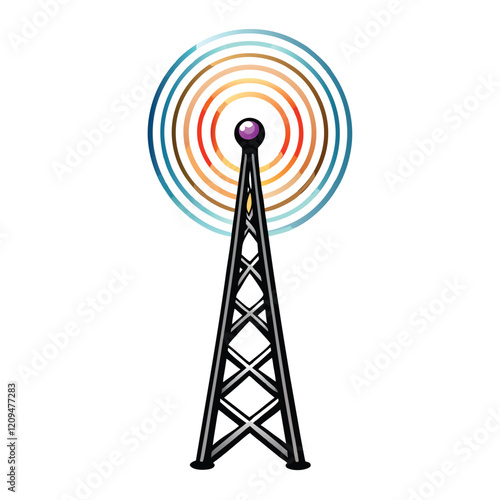 A stylized, abstract radio tower emitting concentric sound waves, creating a visual representation of radio waves.