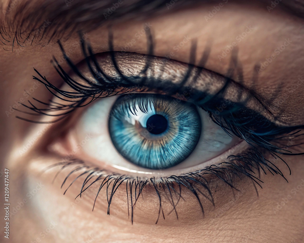 Fototapeta premium close up of a female eye, Opening and blinking female eye with a blue iris and long lashes painted with mascara. Gray eye close up of the iris and the pupil dilation and contracts. Eyeball, retina, ey