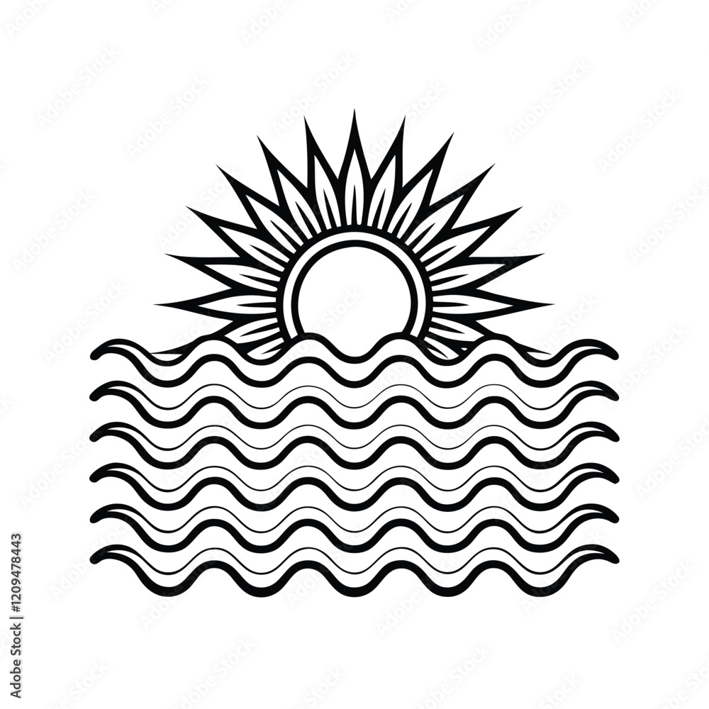 A modern, abstract logo design featuring a stylized sun with rays emanating from it, integrated with a dynamic wave shape symbolizing the sea. A modern, abstract logo design featuring a stylized sun with rays emanating from it, integrated with a dynamic wave shape symbolizing the sea.