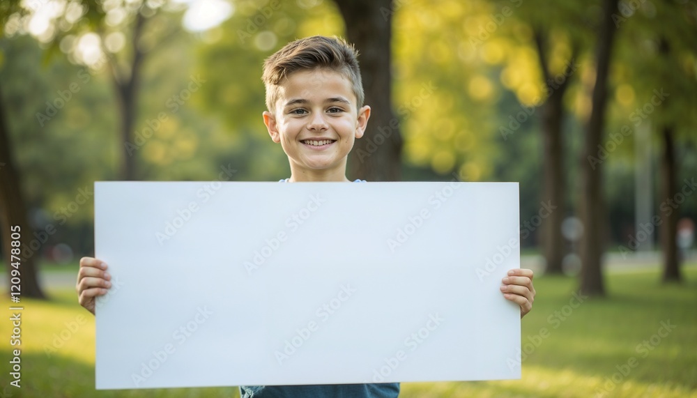 Boy smiling, holding blank poster, in sunny park, with trees in the background, copy space Boy smiling, holding blank poster, in sunny park, with trees in the background, copy space