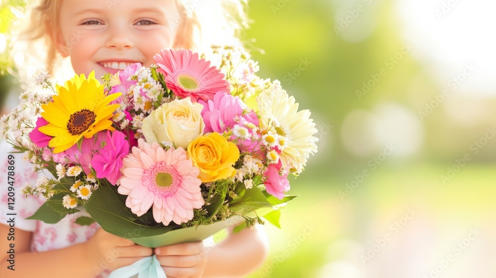 Fototapeta premium A Bouquet of Joy: A young girl with sparkling eyes beams with delight, holding a colorful bouquet of vibrant flowers in a tender embrace. The sun-kissed background adds to the heartwarming scene.