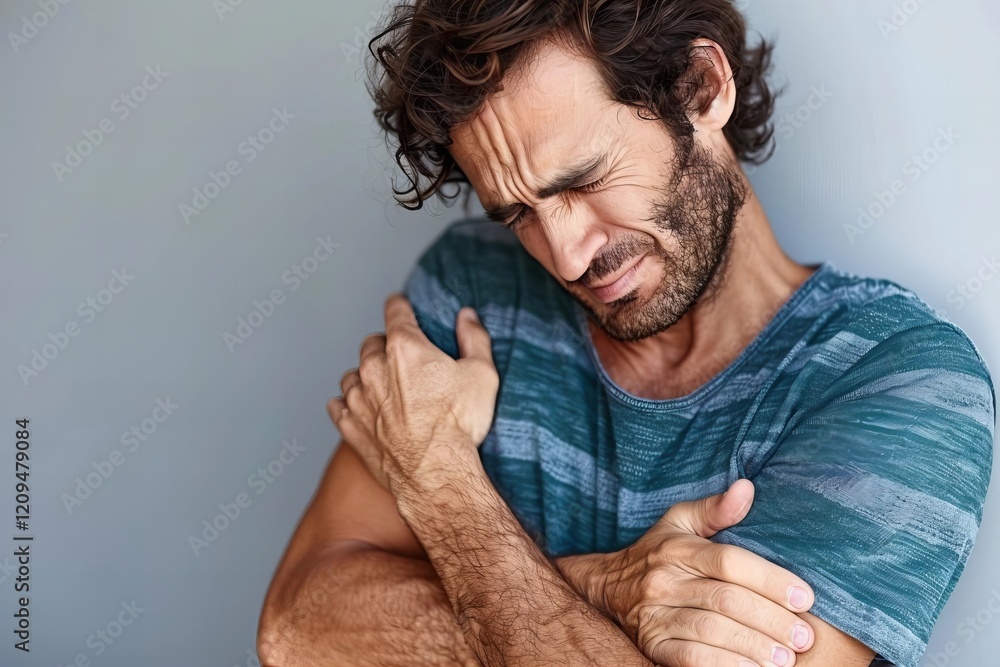 Fototapeta premium Numbness in the Forearm on a Gray Background: Exploring Concepts of Health and Body Care